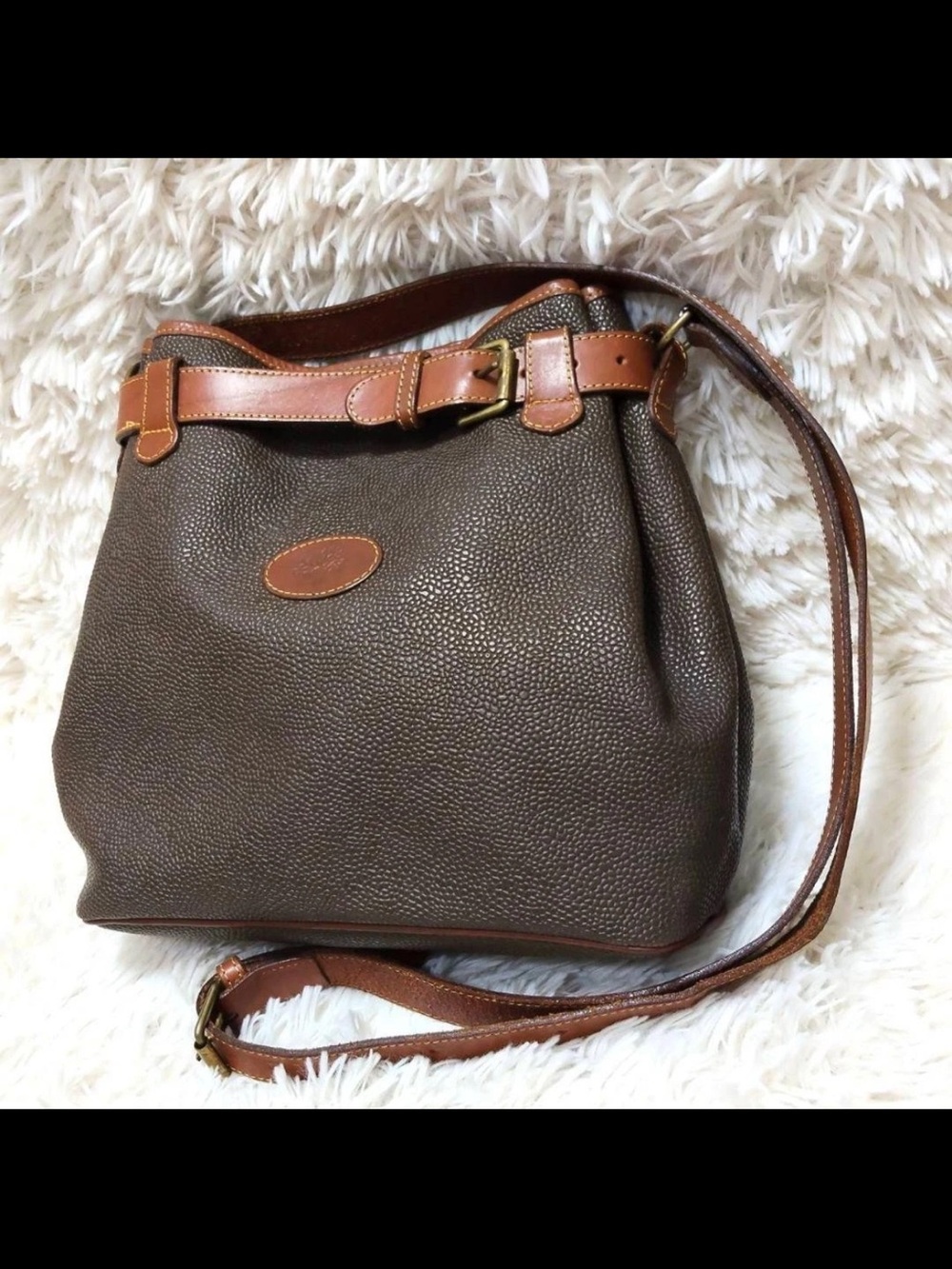 Mulberry Brown Pebbled Leather Shoulder Bag with Tan Trim